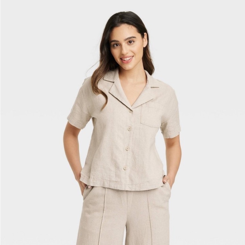 Women's Linen Short Sleeve Button-Down
Camp Shirt - A New Day™ Tan new